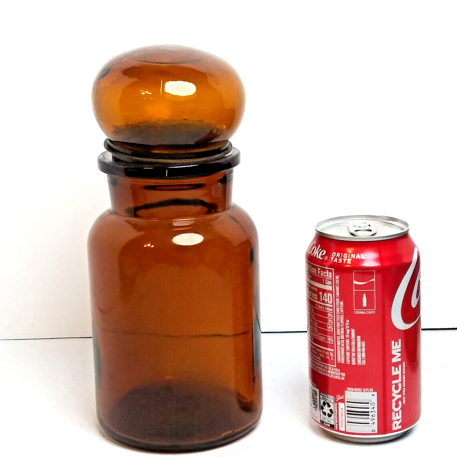 Vintage Amber Brown Glass Apothecary Jar w Bubble Top Lid 8.5" Made in Belgium