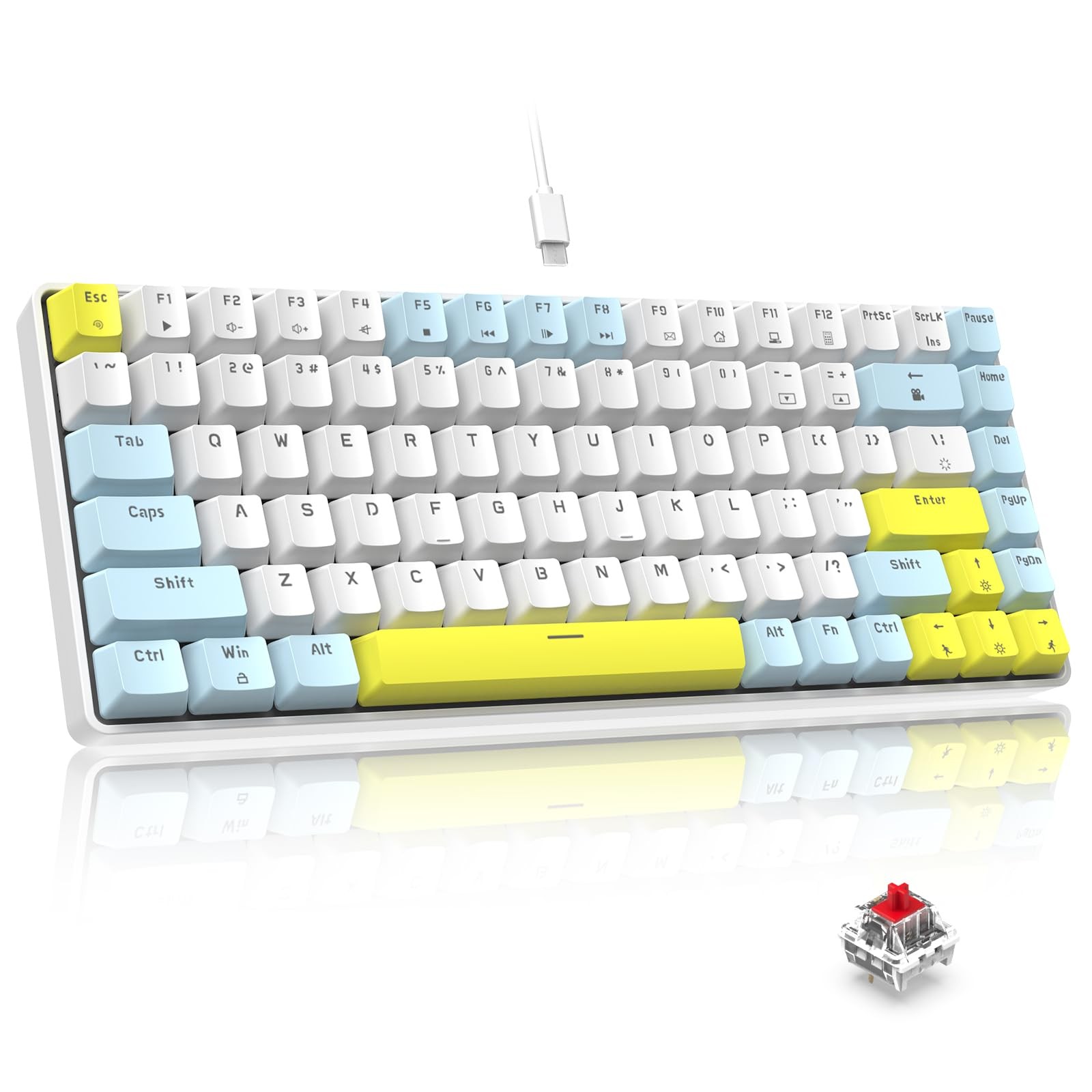 Mini Wired Mechanical Gaming Keyboard 84 Keys Rainbow LED Backlit Red Switch