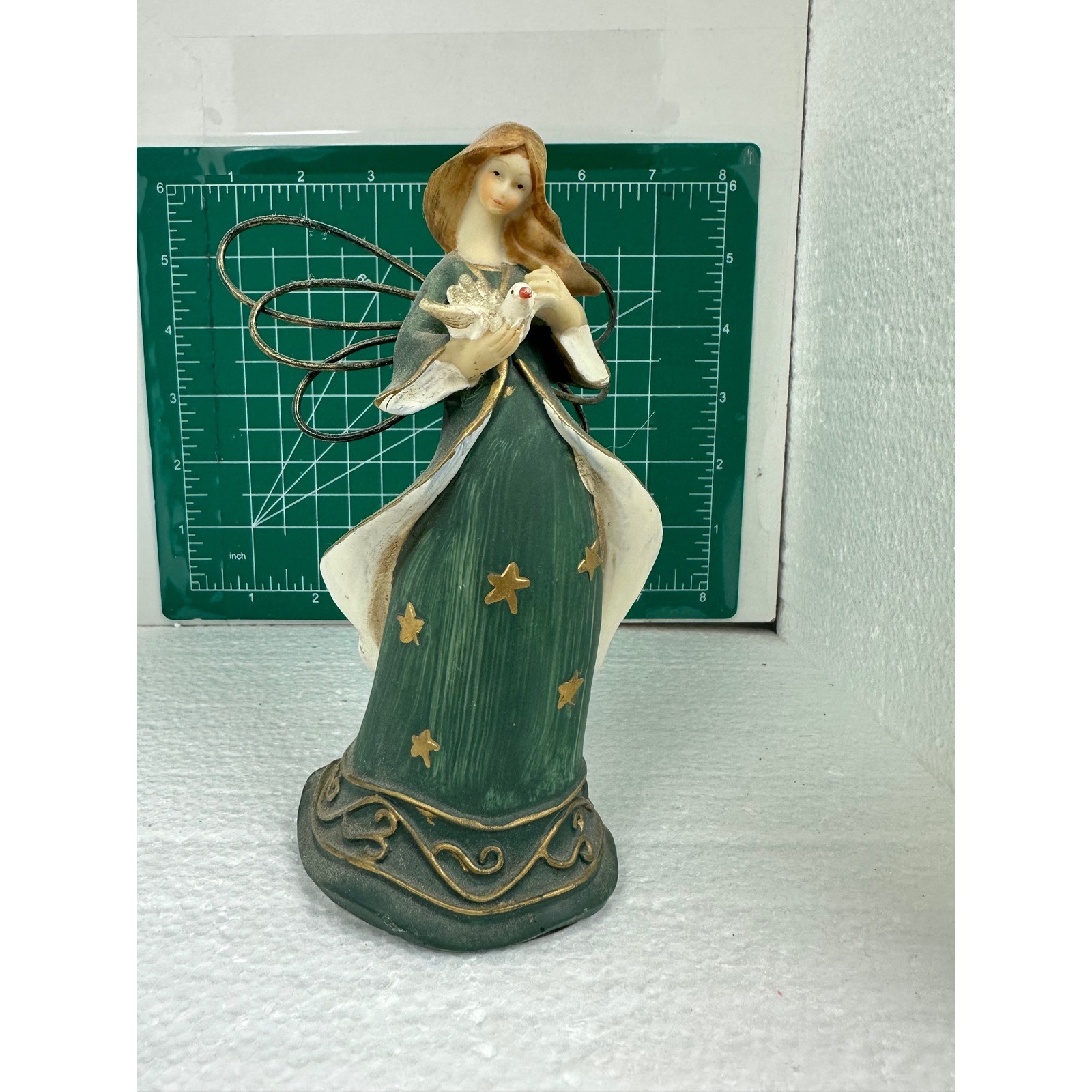 Green Angel Holding Dove Figurine Faux Wings Home Decor Christmas Holiday