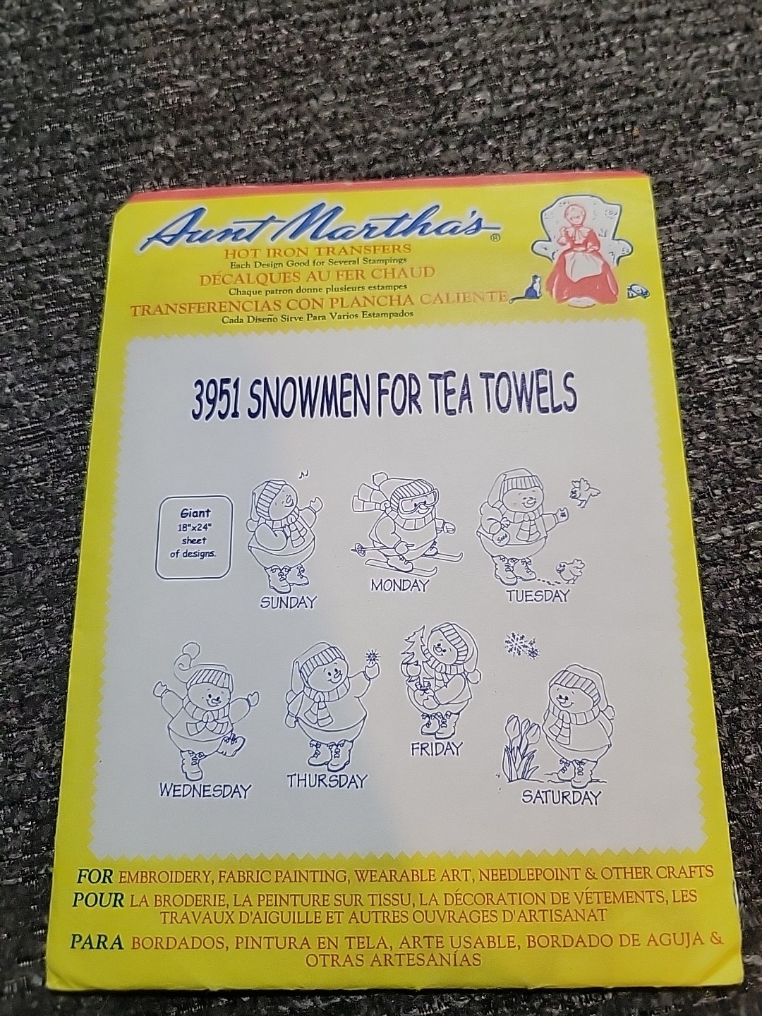 Aunt Martha's Snowman For Tea Towels 3951 Hot Iron Transfers 043272001016