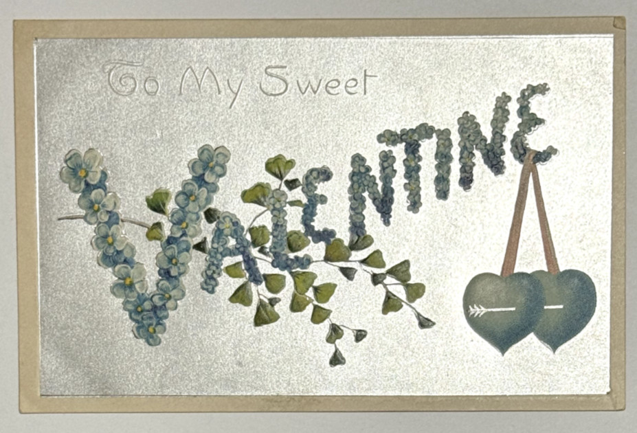 To My Sweet Valentine Blue Floral Letters Hearts Davidson Bros 1910s Postcard