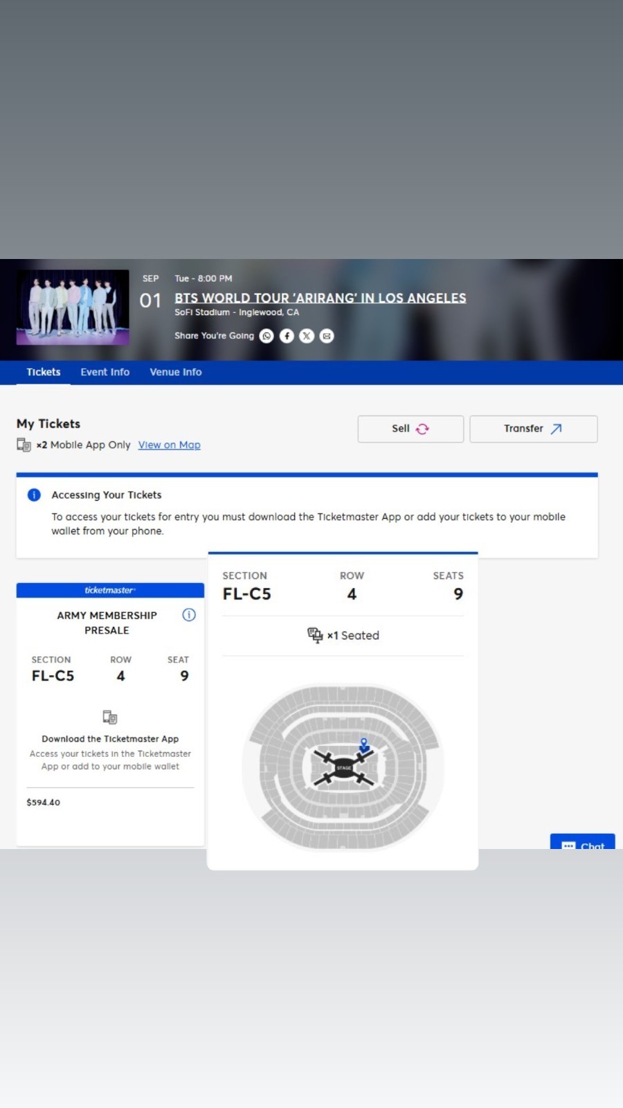 bts concert ticket 09/01/2026 Jun birthday. section fl-c5, row 4 seat 9