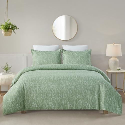  Soft Microfiber Floral Duvet Cover Size, Green Chic Queen Sage Green Leaf