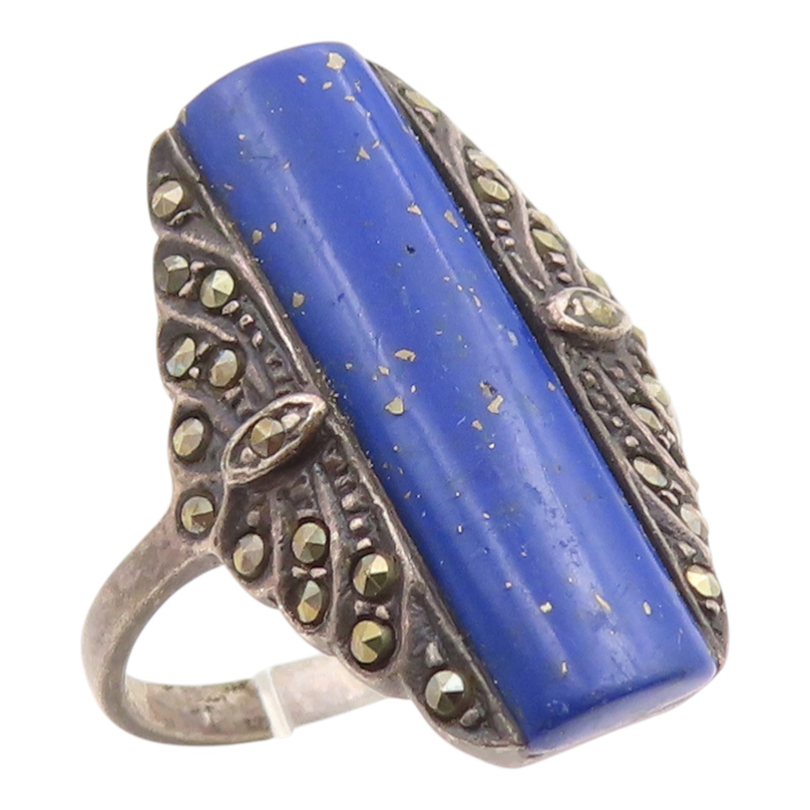 925 Sterling Silver Vintage Ring Lapis Lazuli & Marcasite Band  Sz 8  RG35566