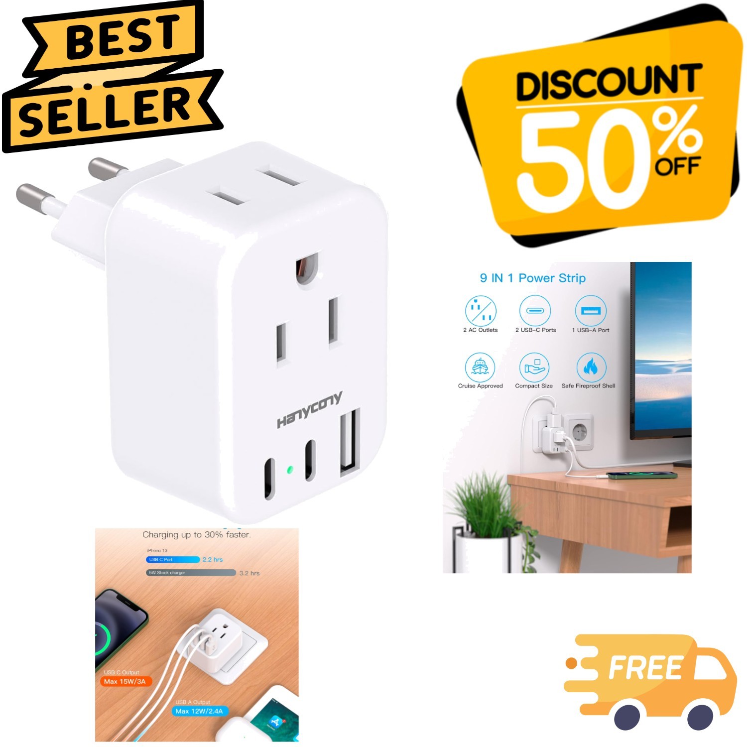 Compact USB C European Travel Plug Adapter - Fast Charging for Multiple Devices