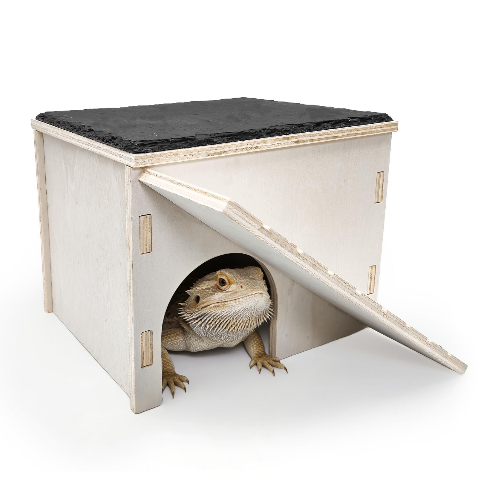Large Bearded Dragon Hide Cave with Basking Platform,Wooden Lizard Hideout wi...