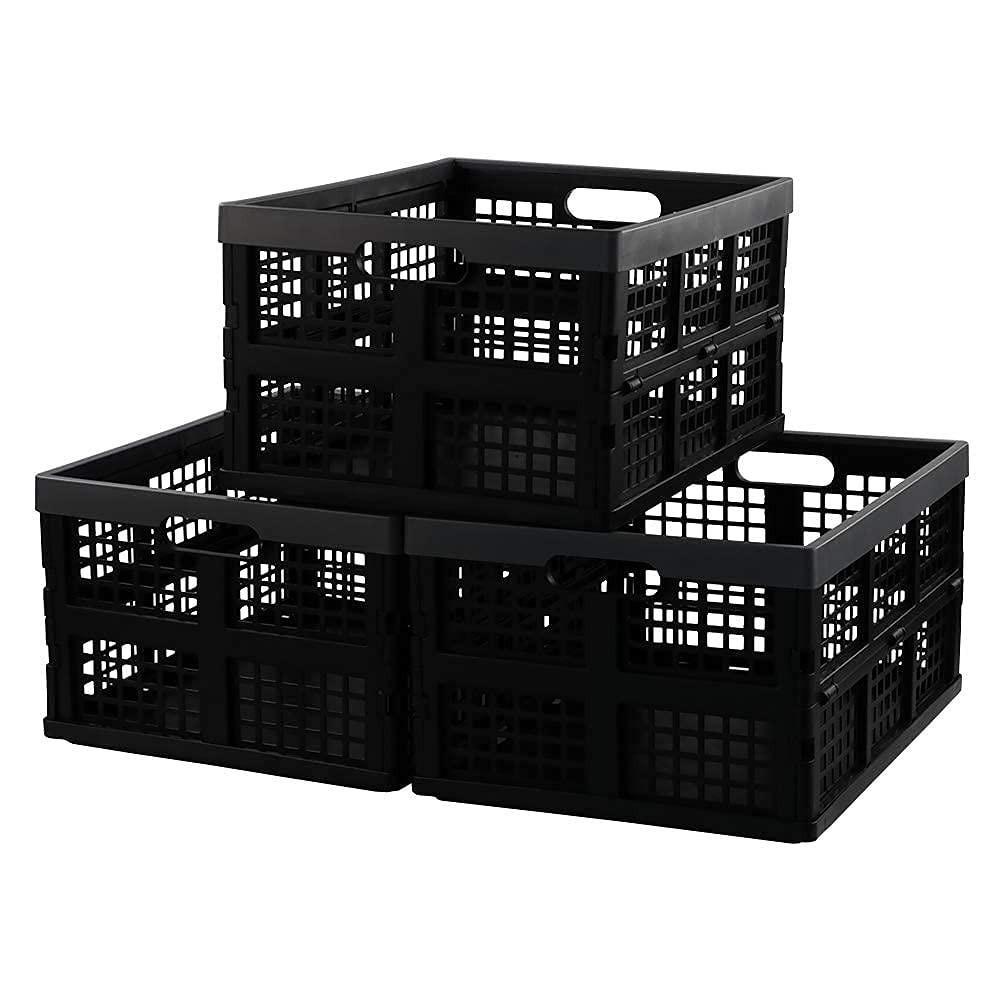 3-Pack Plastic Collapsible Storage Crates 30L, Foldable Plastic Crates for St...