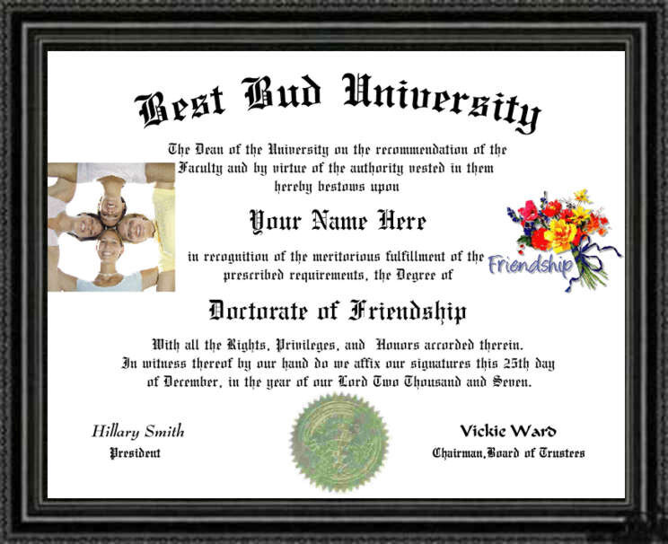 FRIENDSHIP Lover's Doctorate Diploma / Degree Custom Designed for YOU
