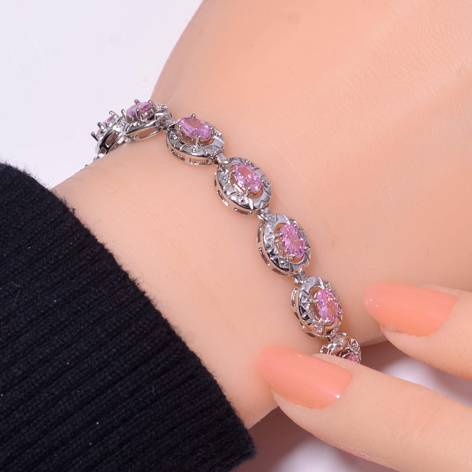 Pink Sapphire Simulated 925 Sterling Silver Tennis Bracelet 7.99" B72521