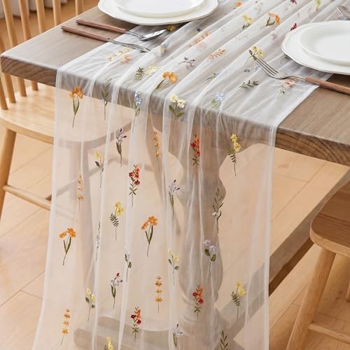  Pcs Wildflower Table Runner Embroidery Tulle Spring Summer Table 3 Ivory