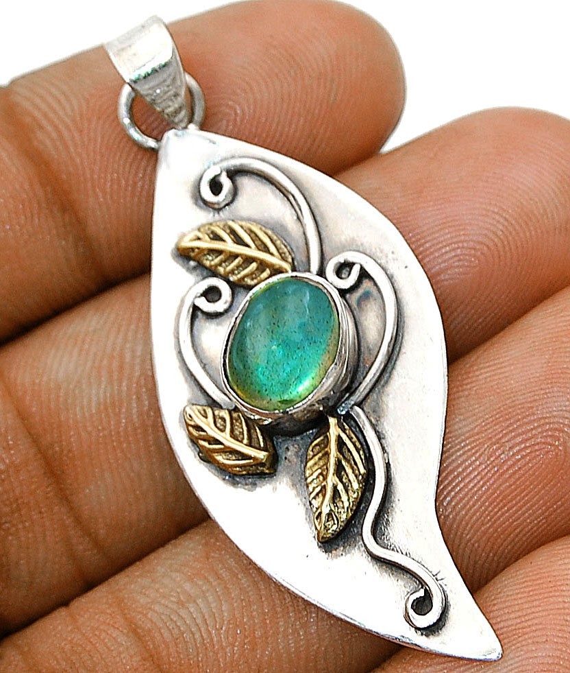 Natural Two Tone Blue Fire Labradorite 925 Sterling Silver Pendant 