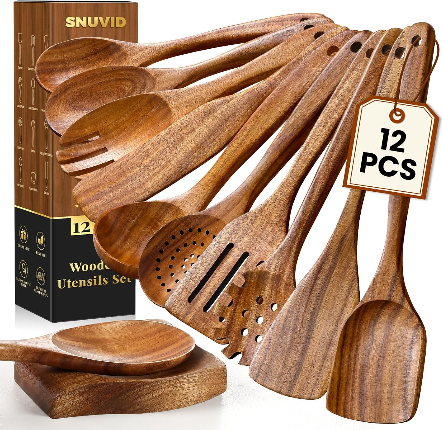 Wooden Spoons for Cooking, 12 Pcs Teak Wood Kitchen Utensils Set with Spoon Rest