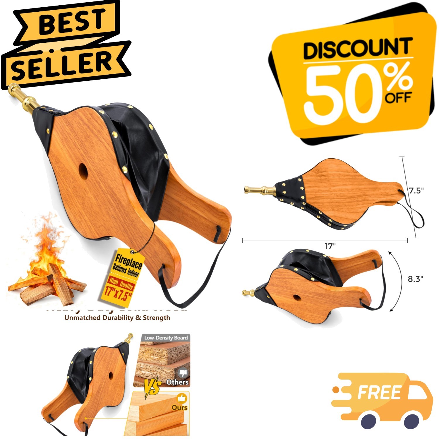 Functional 17"x7.5" Rustic Fire Bellows - Enhances BBQ & Fireplace Experience