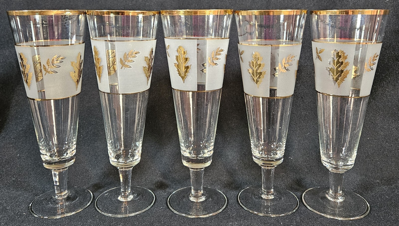 Libbey Frosted Golden Foilage Pilsner Glasses Set Of 5 MCM Barware 8" Vintage