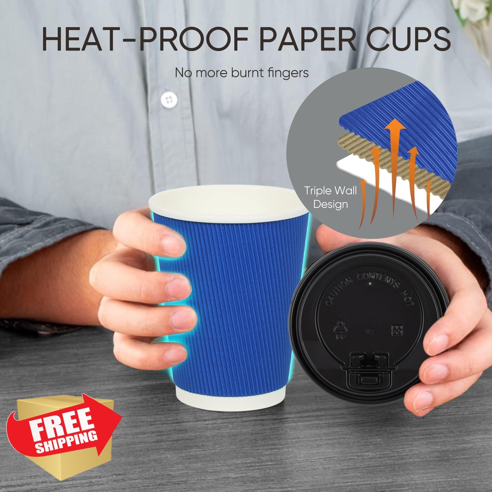 Coolcap 100 Coffee Cups, 12 oz, Lids, Straws, Insulated Ripple Wall, Navy