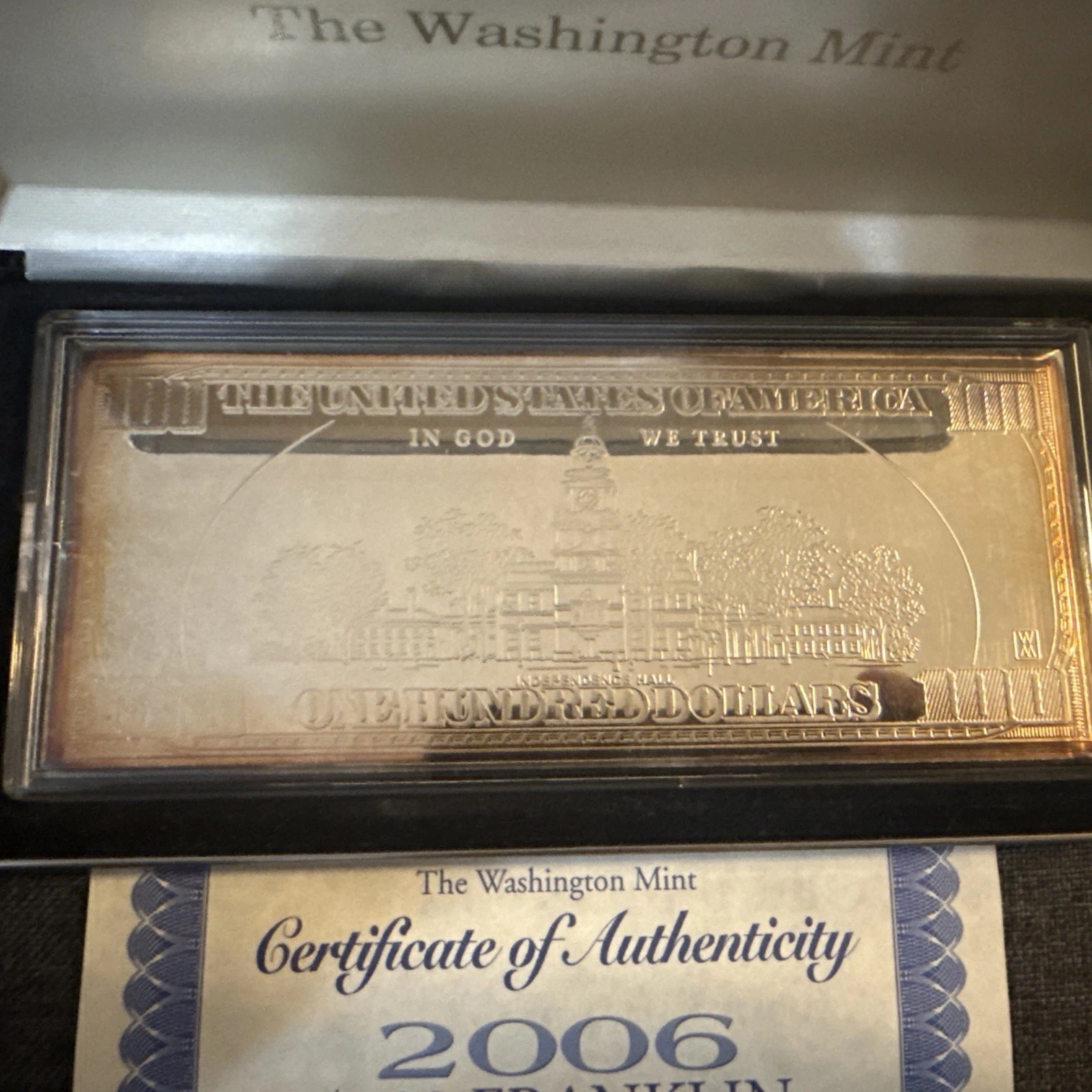 2006 The Washington Mint $100 Dollar Franklin Silver Note 4 oz .999 Fine Silver