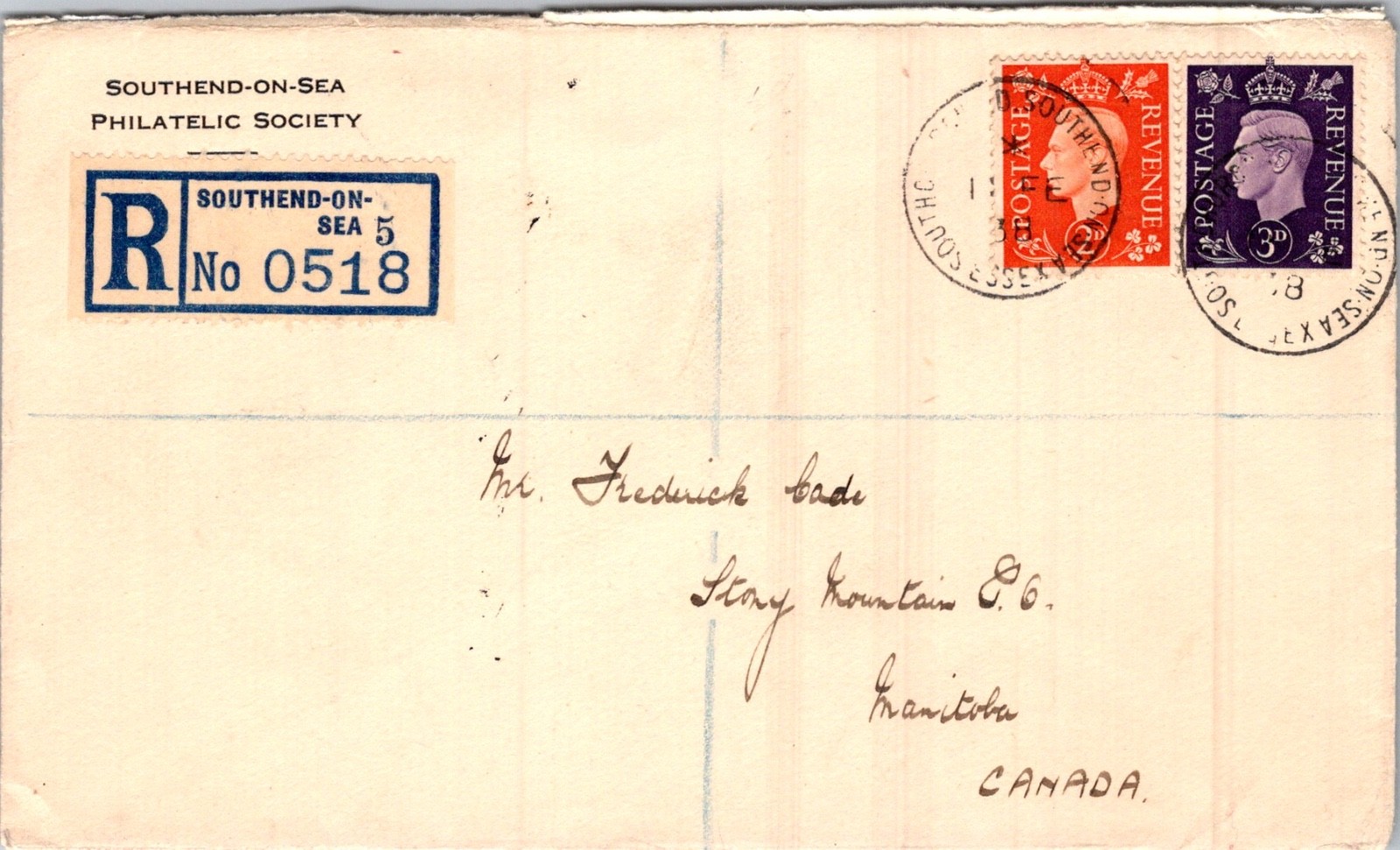 GREAT BRITAIN 1938 POSTAL REG COVER ADDR CANADA & POSTMARK SOUTHERN-ON-SEA