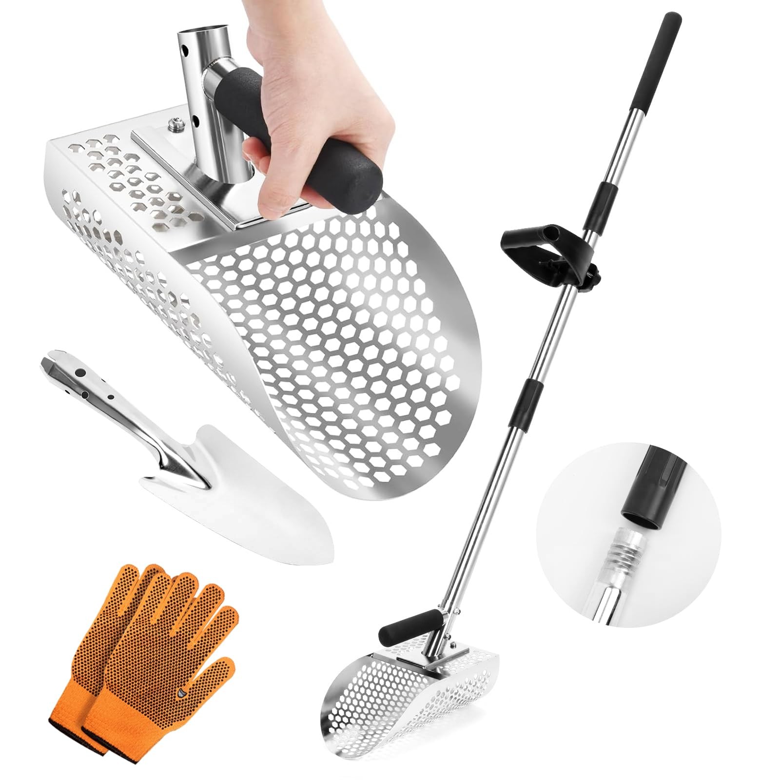 Long Handle Sand Scoop, Stainless Steel Shovel Scoop for Metal 45.8″, Silver 