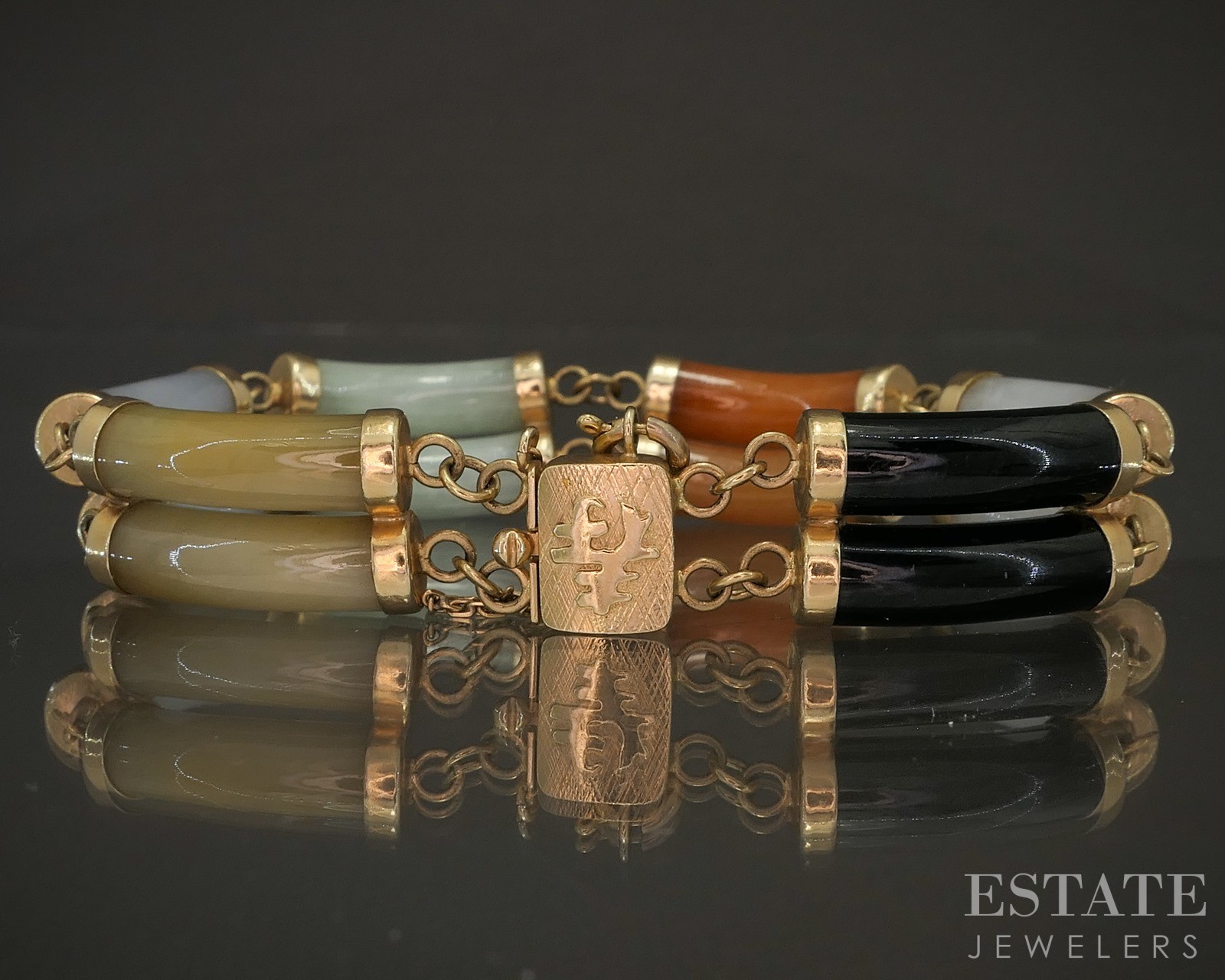 Antique 14k Yellow Gold Natural Multi Colored Jade Bracelet 31.9g 7.5"L p21683b