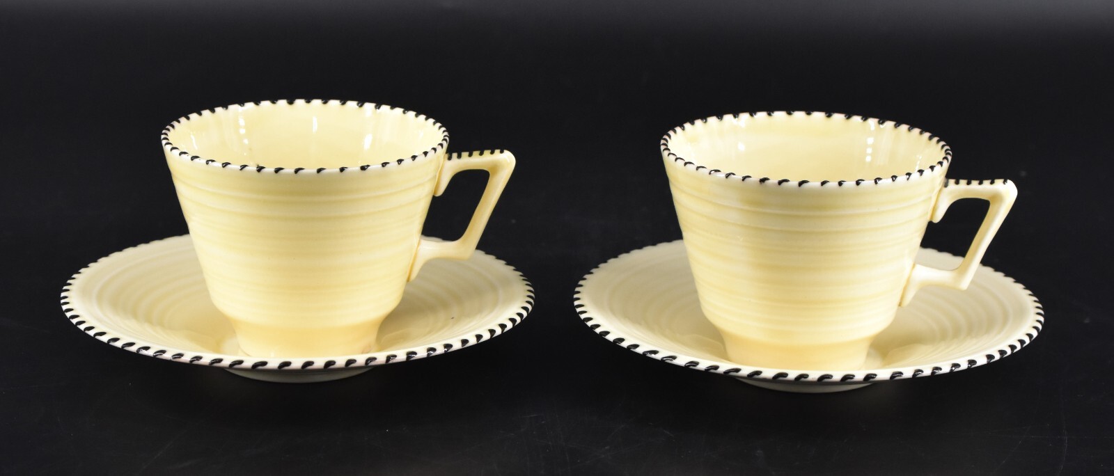 Set of 2 VTG Crown Ducal Cups & Saucers Cream with Black Stitch Pattern #784158