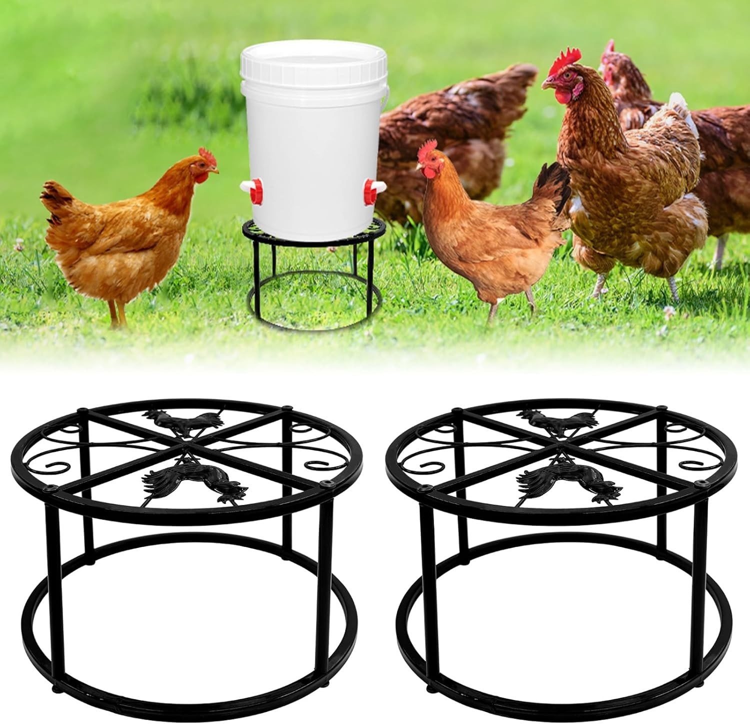 2 PCS Metal Stand Chicken Feeder Waterer Heavy Duty Round Iron Support Rack