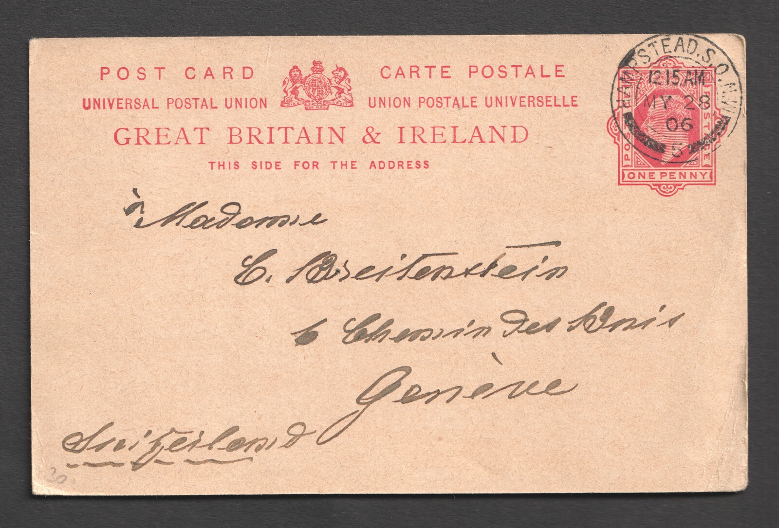KEVII 1d Postal Stationery Postcard Hampstead 1906 To Switzerland. Edward VII