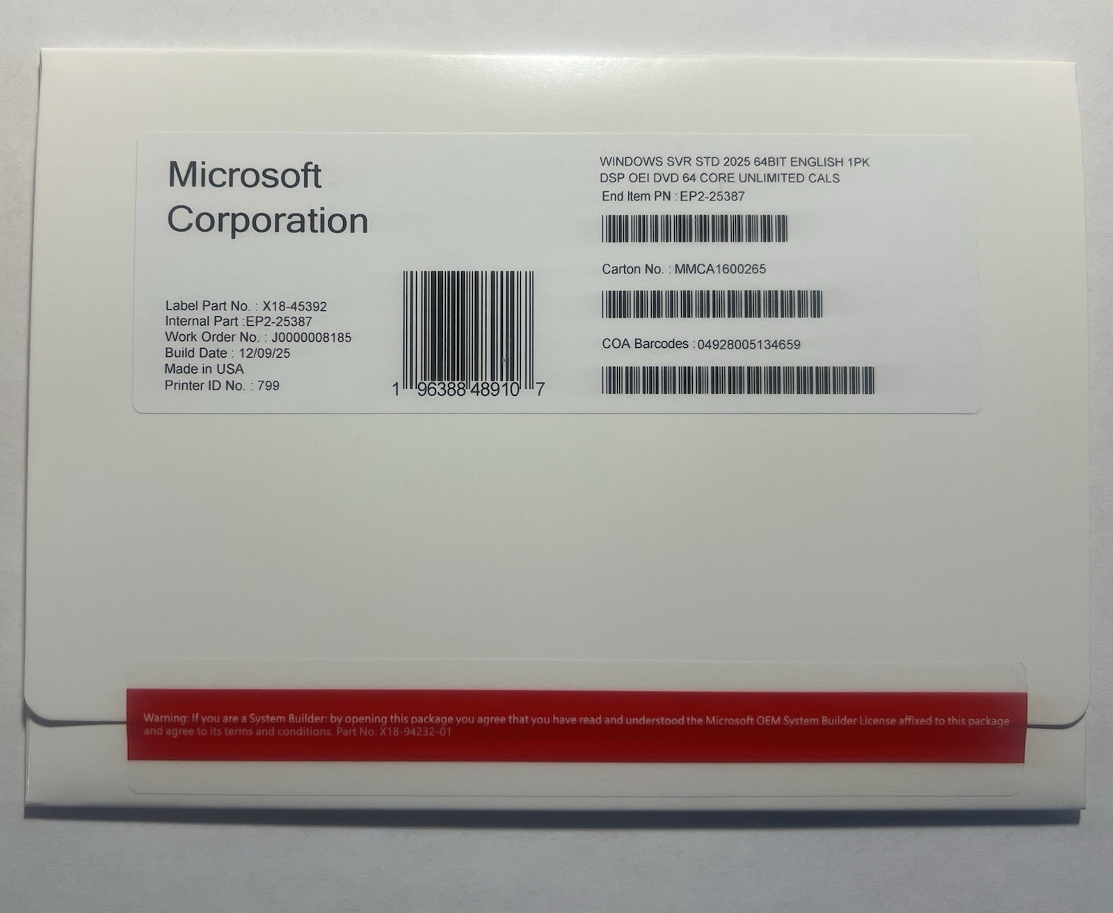 Microsoft Windows Server 2025 Standard 64 Core Unlimited CALs License Key New