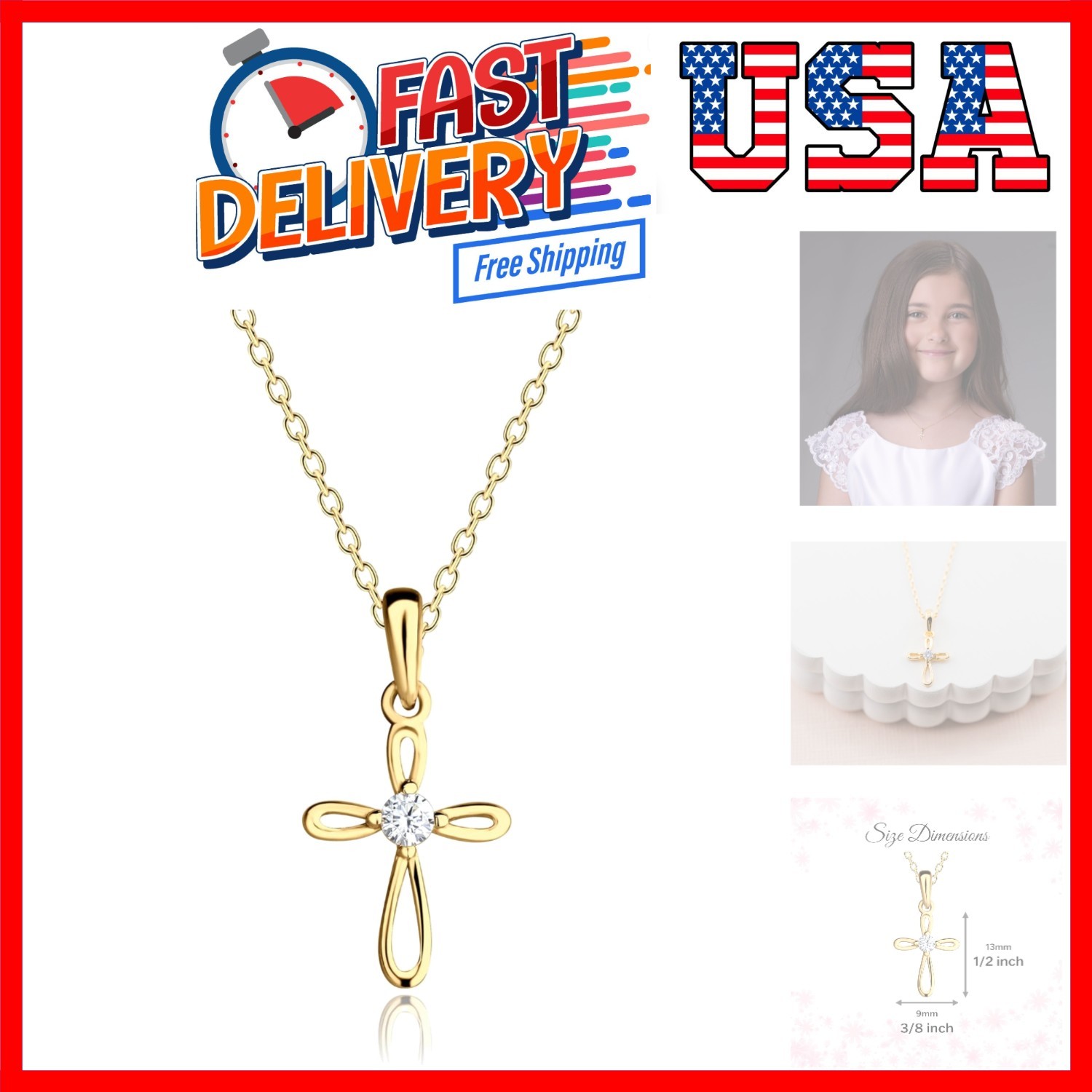 Girl's 925 Sterling Silver First Communion Infinity Cross Pendant Necklace wi...