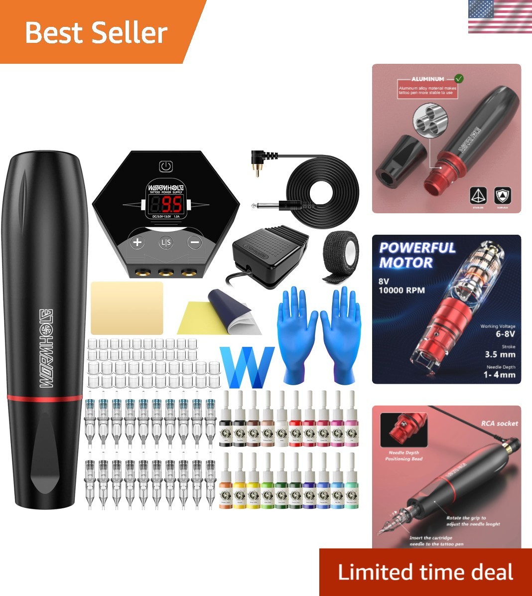 Machine Kit Rotary with Power Supply 20 Cartridge Needles 20 Tattoo Ink 40 Ta...