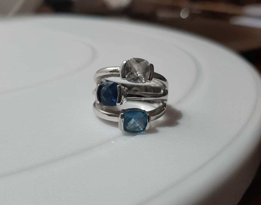 Vtg Dark Blue White Baby Blue Lia Sophia Glass Silver Tone Size 6" Ring