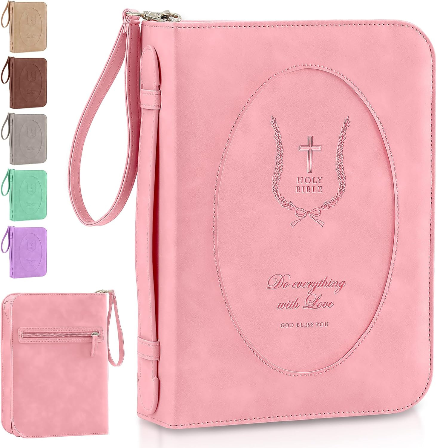 Leather Bible Cover for Women – Large Zippered Case with Handle and Pockets, Flo