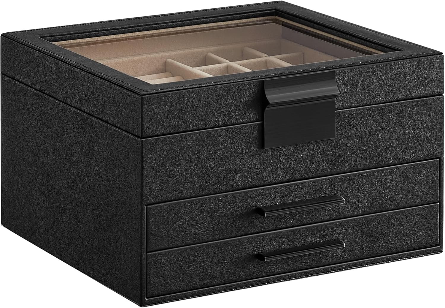 Organizer, 3-Layer Jewelry Storage Drawers,, Glass Lid, Modern, 8 x 9.1 x 5.3 