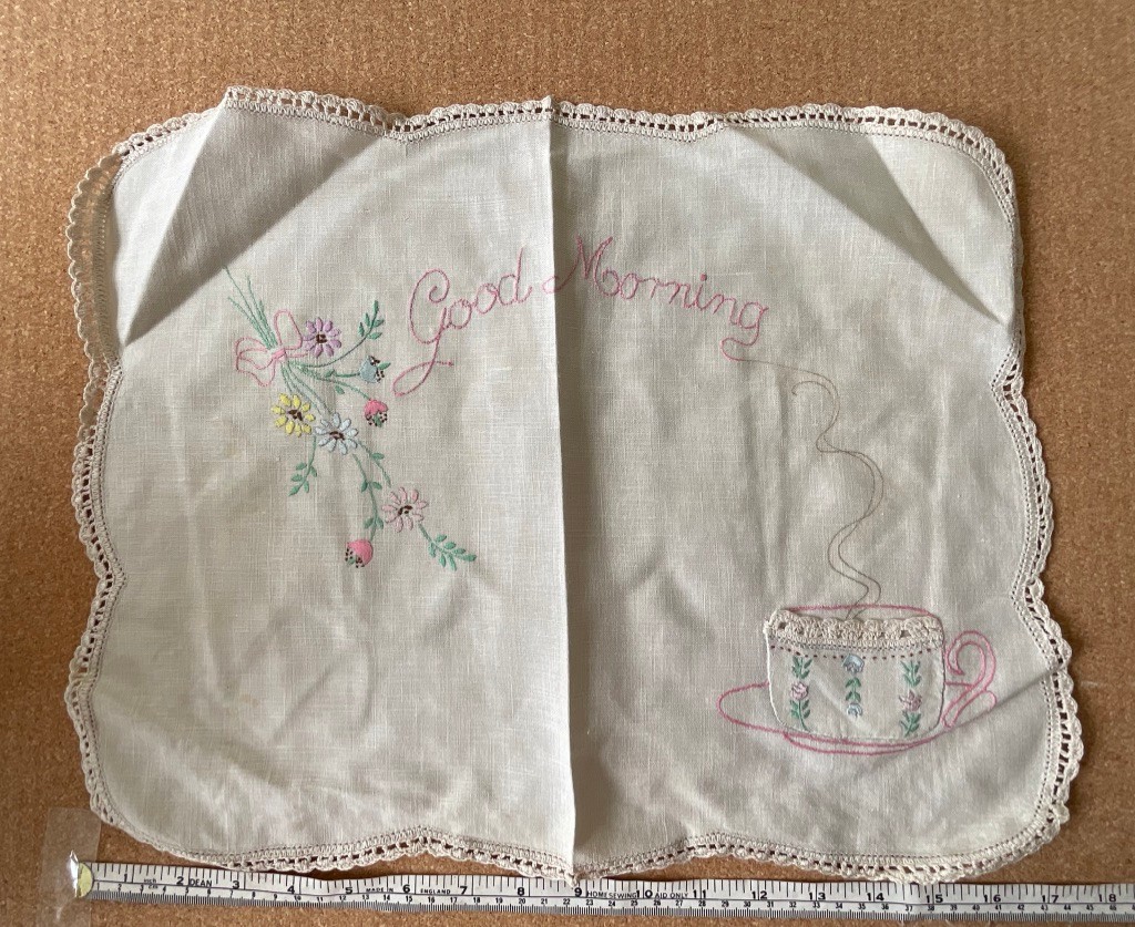 Vintage Handmade  Embroidered Doily cottage core - 44 x 34 cm - Good Morning