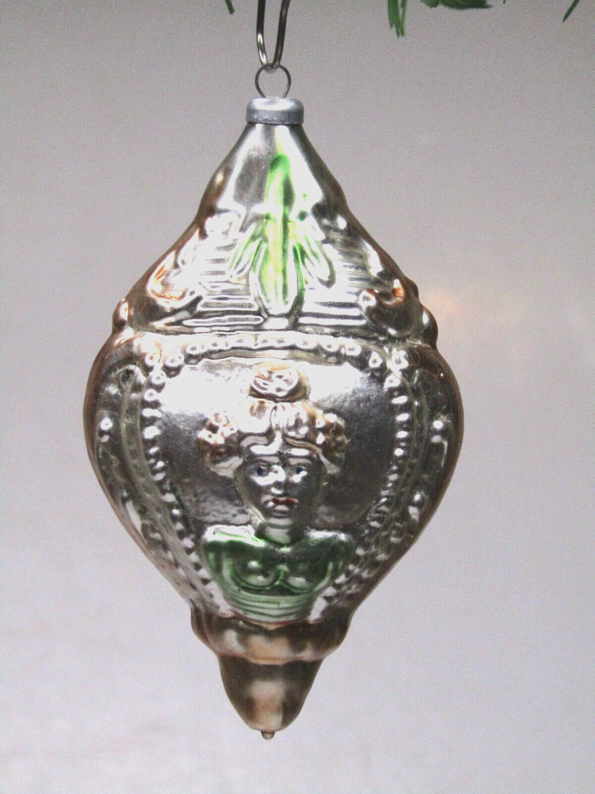 Vintage Blown Glass LADY Bust Flower Embossed DROP Christmas Ornament Germany