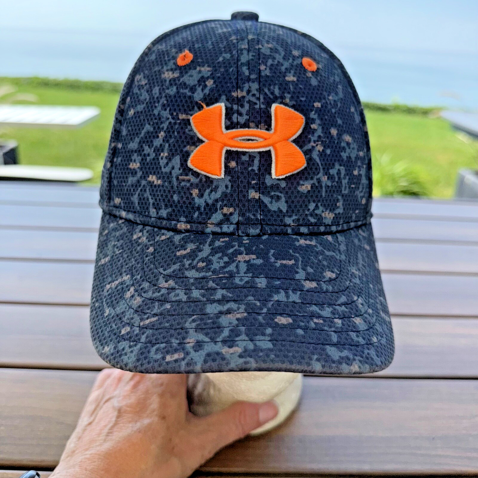Under Armour Flourescent Orange Logo on Blue Gray Patterned Youth  Hat Cap S/M