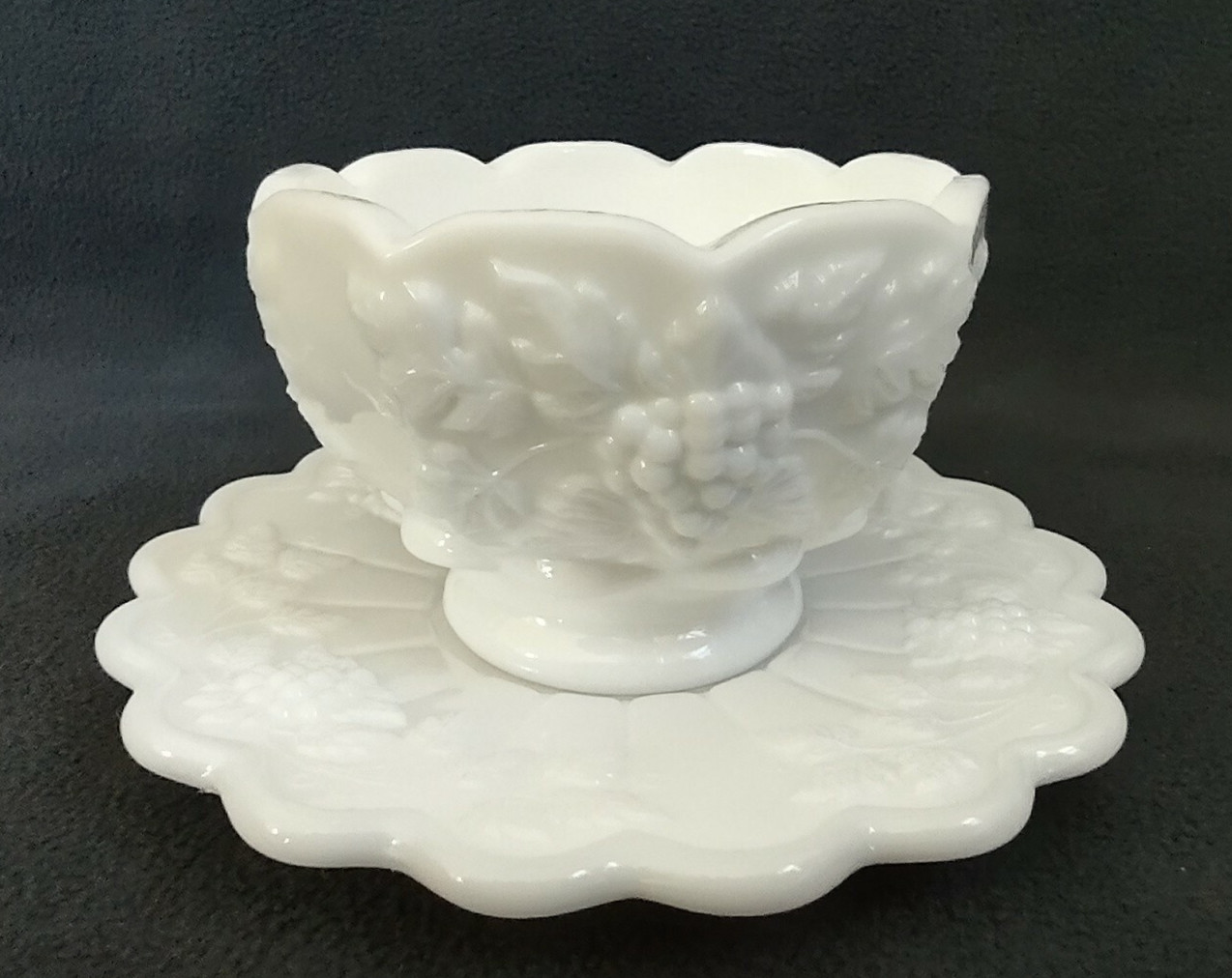 Westmoreland Milk Glass Condiment Bowl with Underplate - Grape Pattern