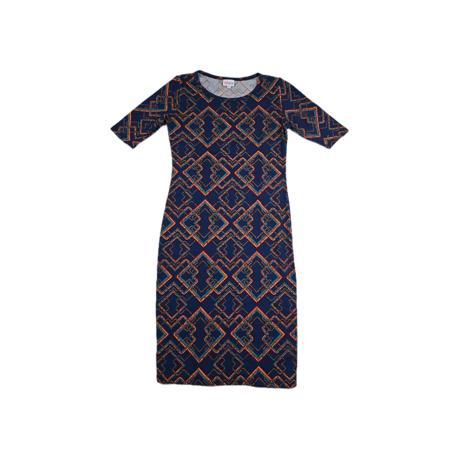 Lularoe Julia Dress Women's Size XS Navy Blue Geometric Print Half Sleeve