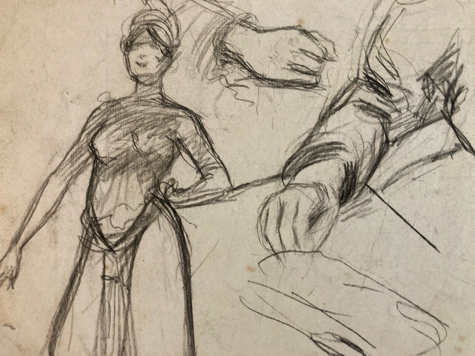 Dessin Portrait Crayon Papier Femme 1920 Nouveau Déco Art Main Belle Epoque