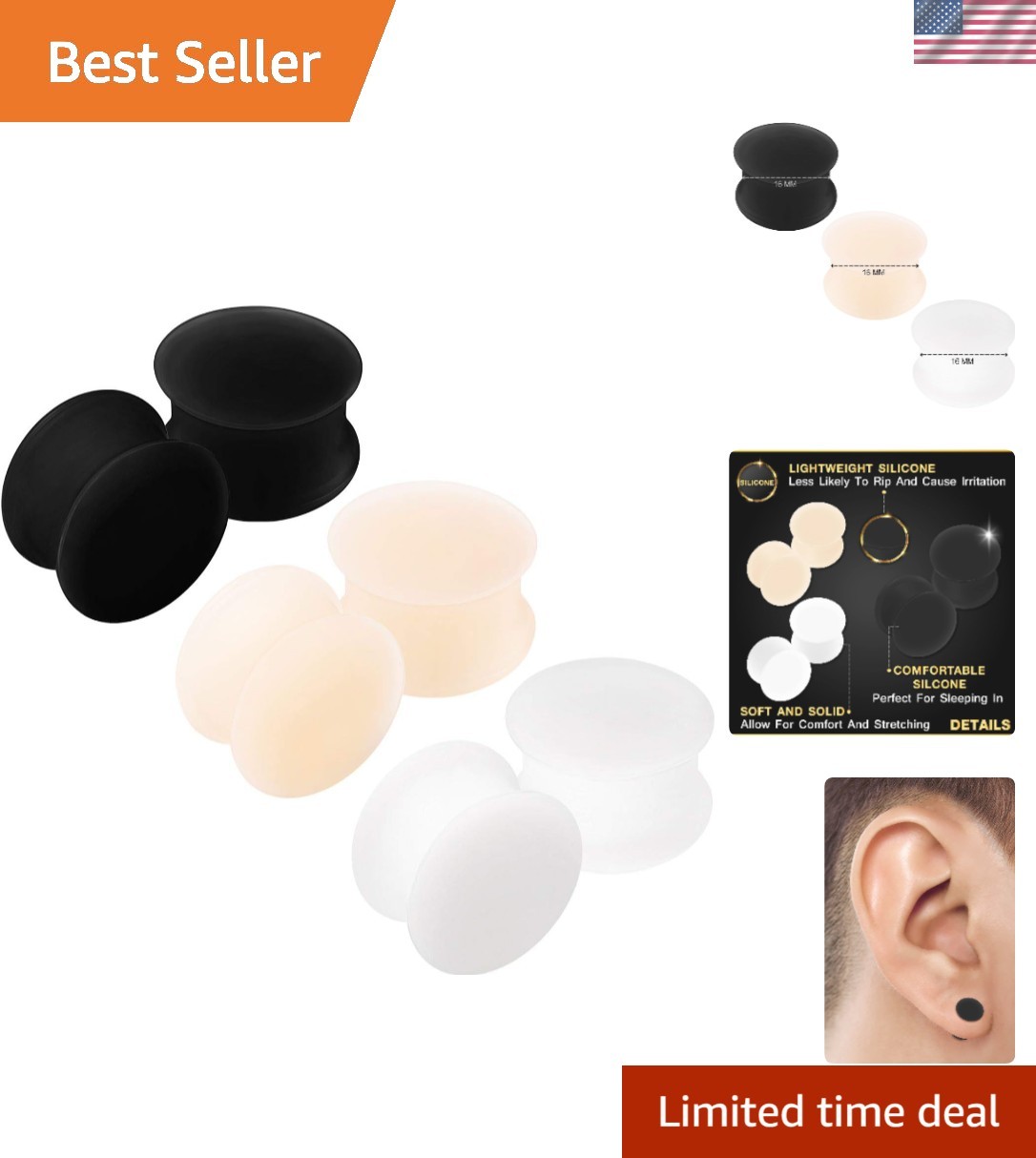 6 x Black Silicone Double Flared Ear Stretcher Expander