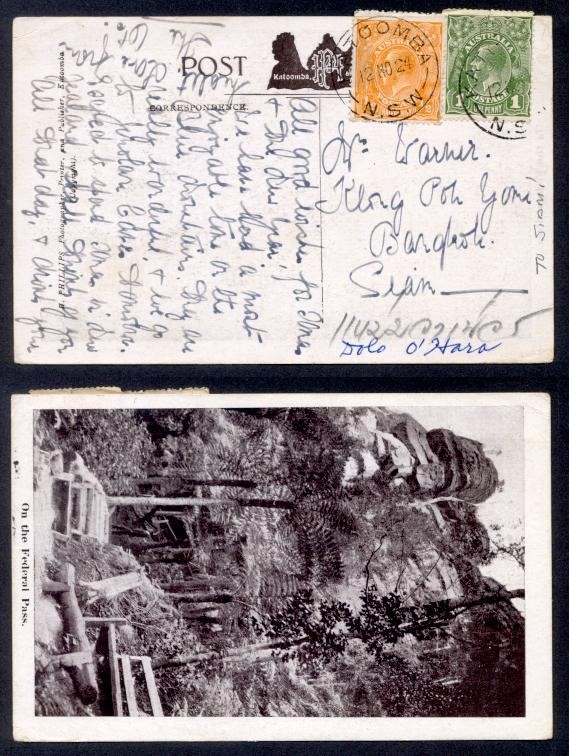 AUSTRALIA 1924 KGV COMBO PPC TO THAILAND