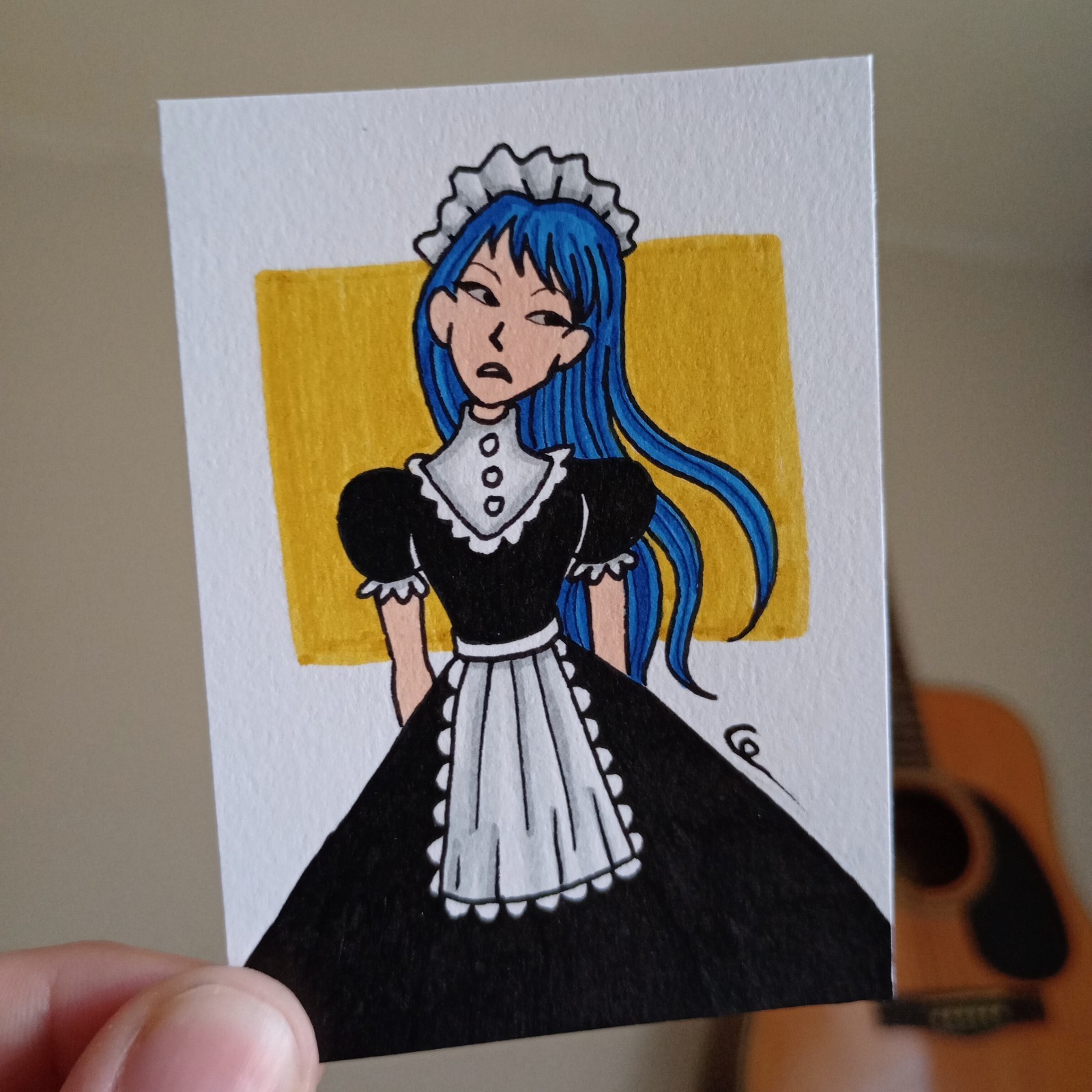 ACEO Original Drawing Blue Haired Maid Girl Fantasy Art Card Caidart OOAK ATC