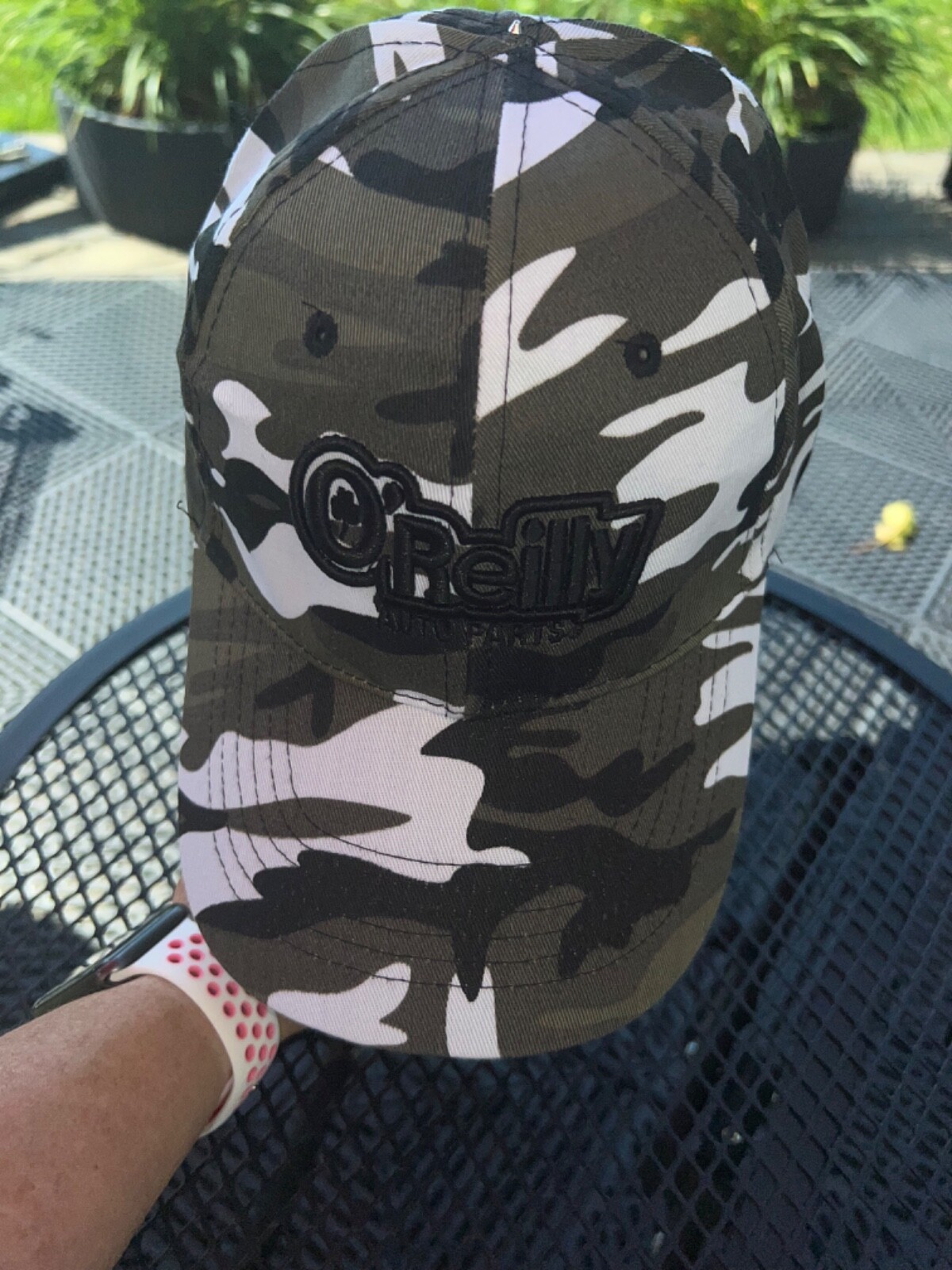 O’Reilly Auto Parts Camouflage Green Dark Green White BlackHat Cap Hook Loop EUC