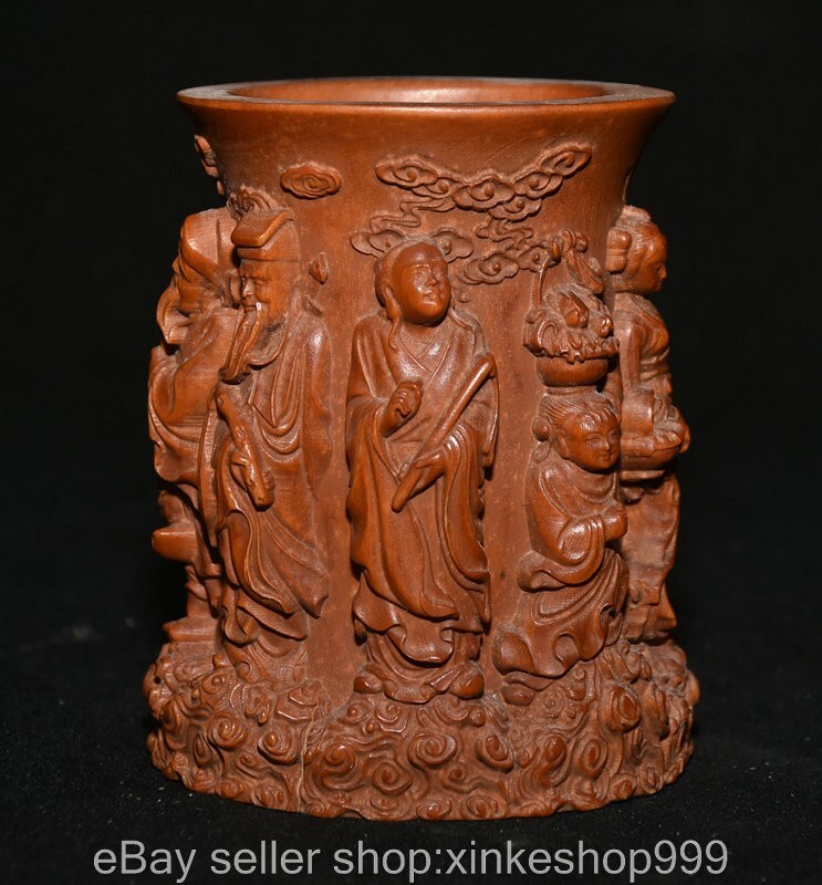 4" Old Chinese Carving Boxwood Wood Carving Eight Immortals Pen container