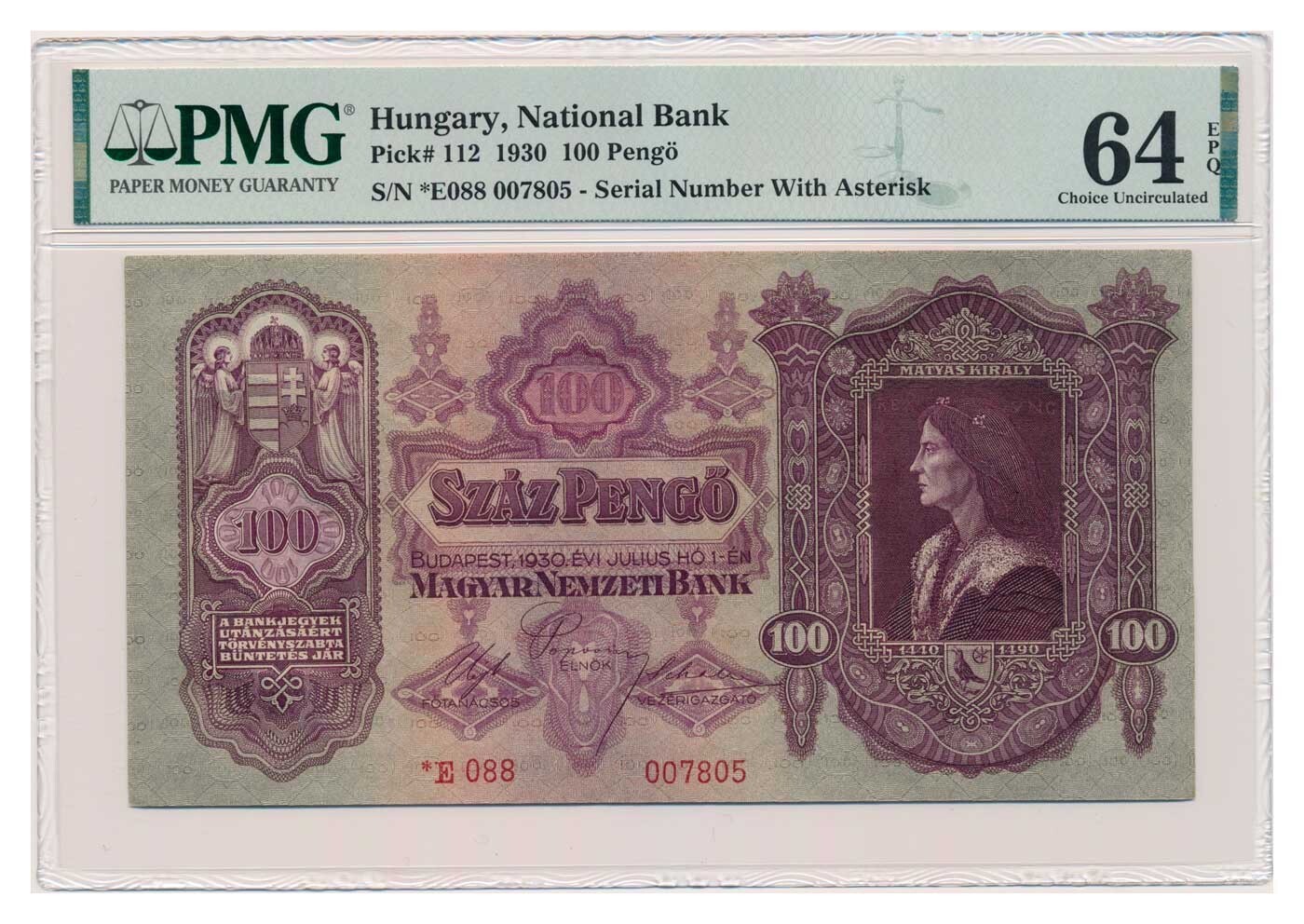 HUNGARY banknote 100 Pengo 1930 Szalasi issue PMG MS 64 EPQ Choice Uncirculated