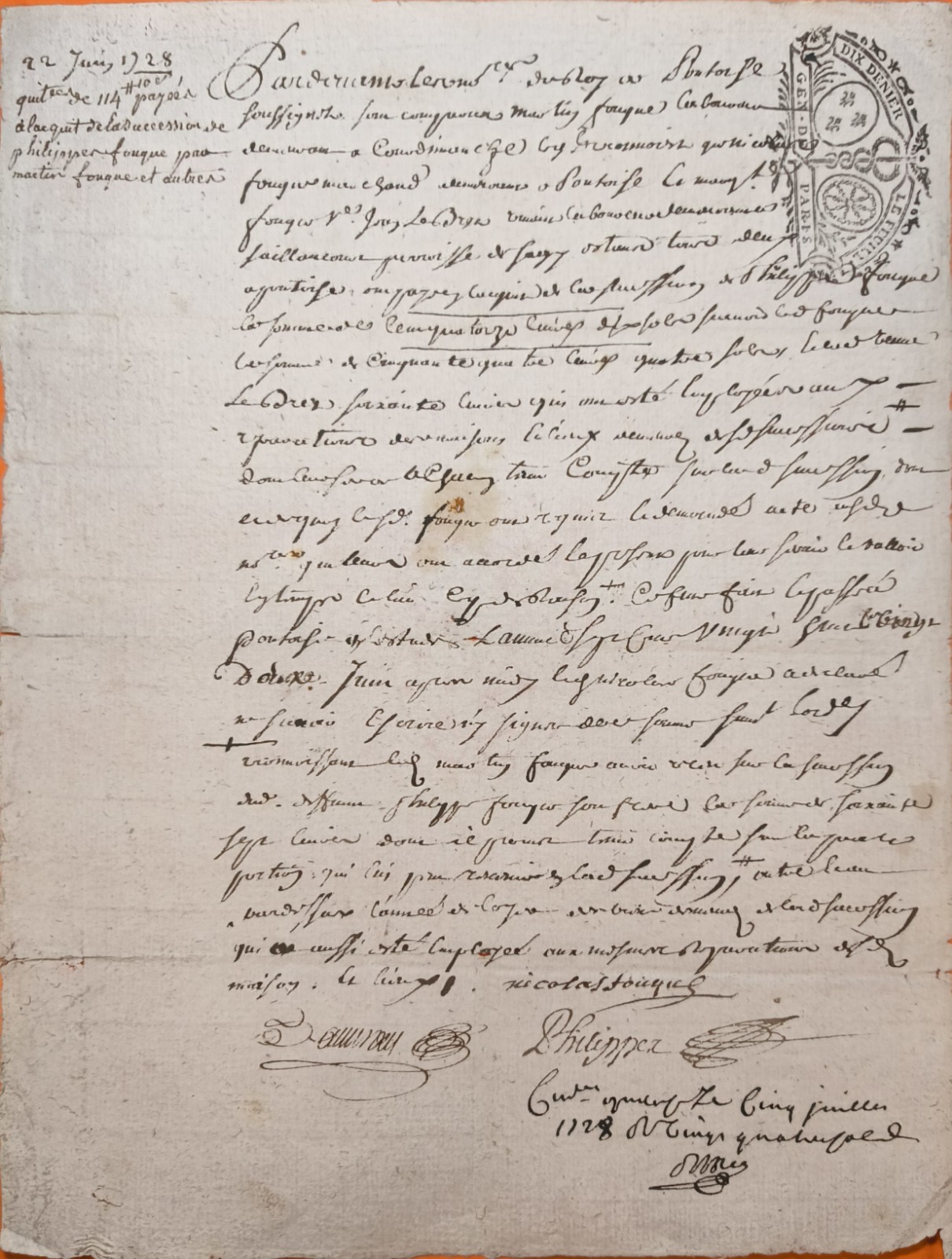 1728 France Handwritten Legal Manuscript  Taxed Paper w/ Royal Stamp Signed Rare