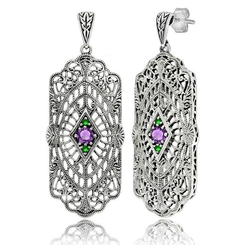 2CT Natural Amethyst & Sapphire 925 Sterling Silver Art Nouveau Earrings OX8