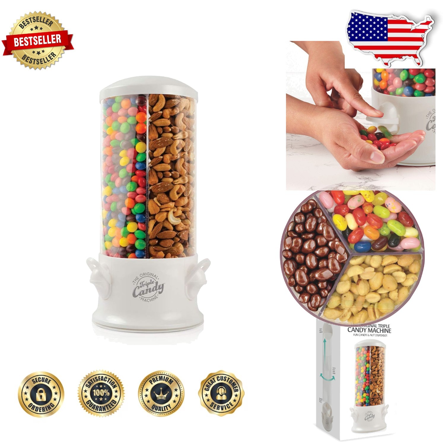 New Pearl White Triple Candy Machine 3 Compartment Snack Dispenser