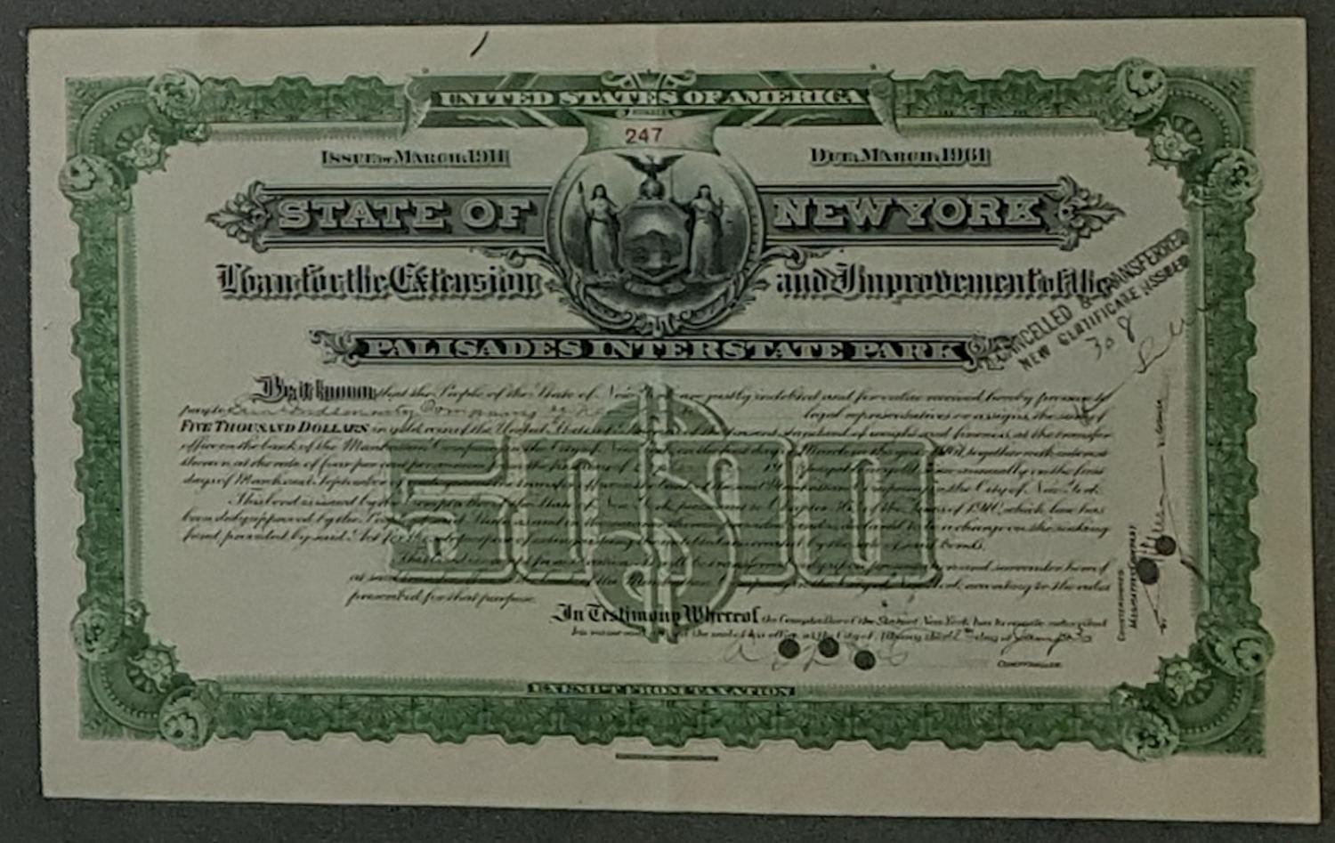 State New York Bond Palisades Interstate Park 11/1911 - 03/1961 4% $5,000