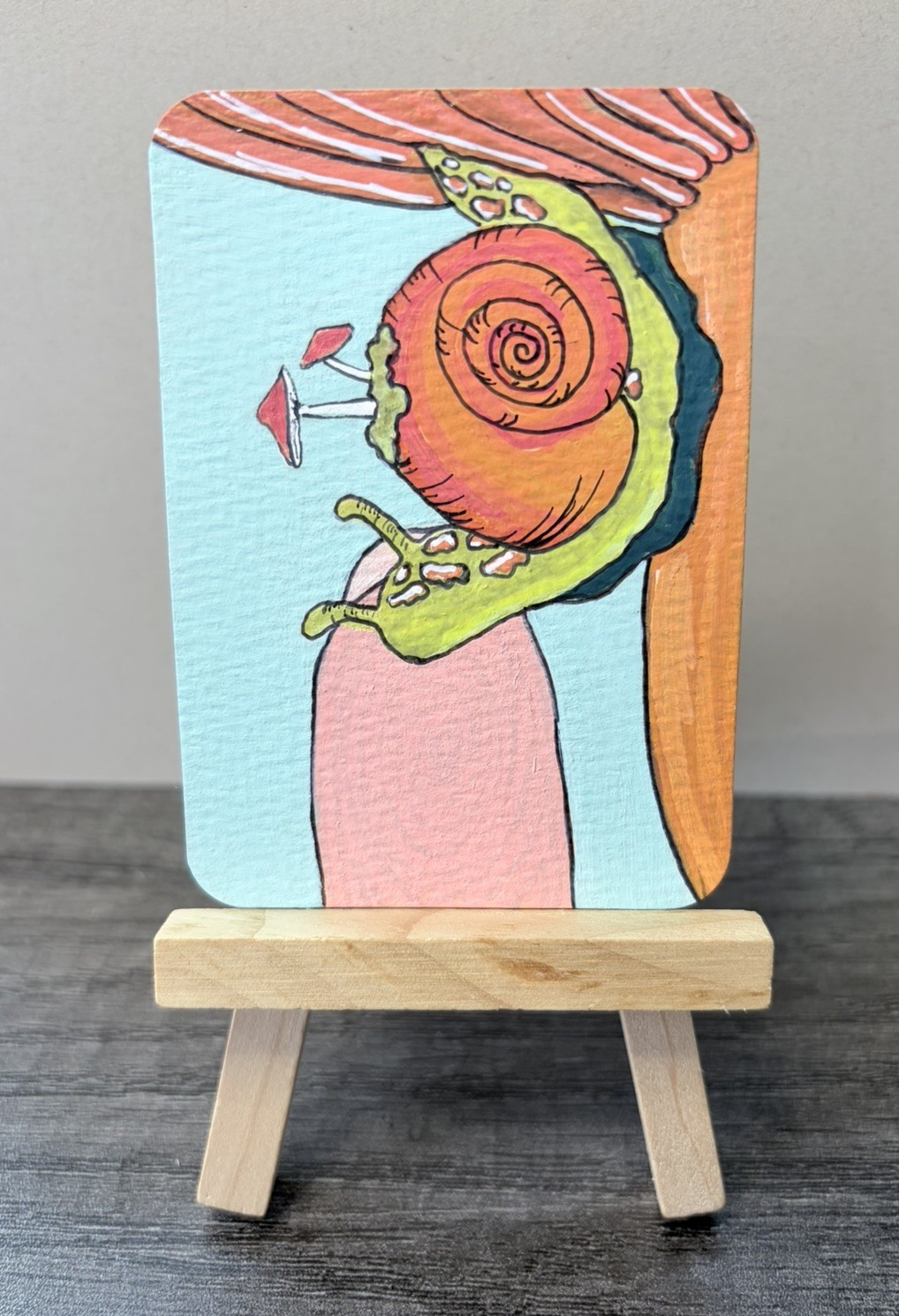 ACEO Original Snail and Mushroom Painting, Cute Animal, Bug Art Fantasy Garden