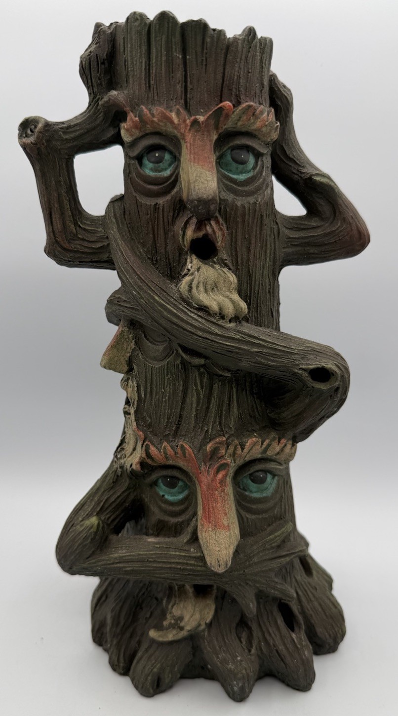 Smoking Tree Faces Cone Incense Burner Elegant Expressions Hear See No Evil 11.5